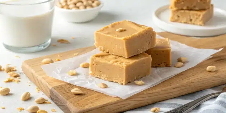 3 ingredient peanut butter fudge squares cut and stacked on white parchment paper showing creamy texture