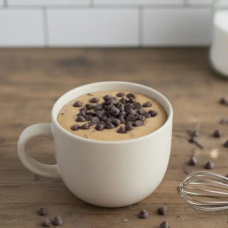 Chocolate chips being folded into the mug cake batter, with extra chips sprinkled on top before microwaving.