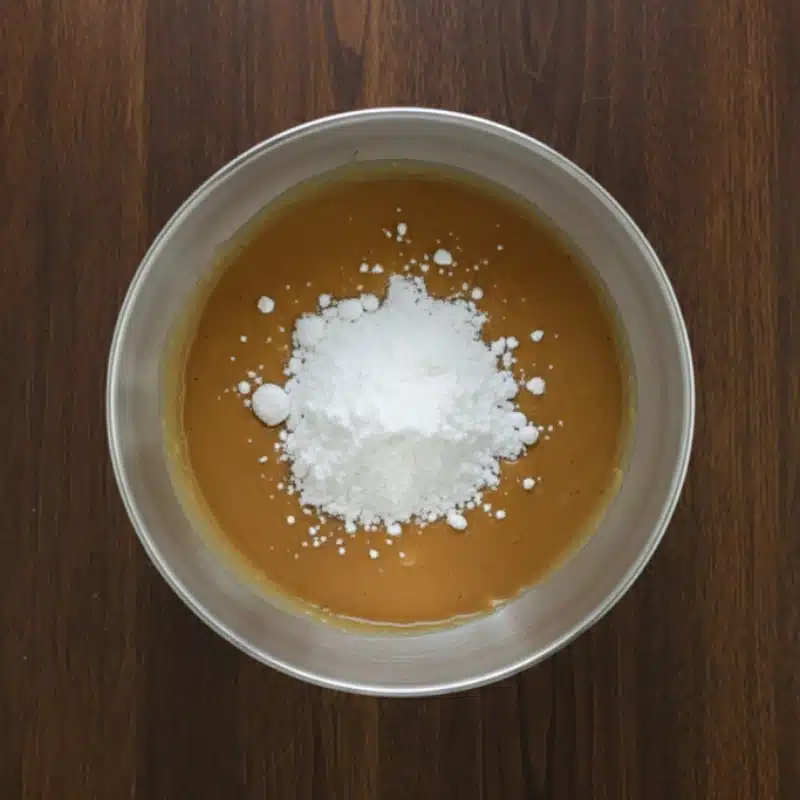 Powdered sugar added to the melted peanut butter and butter mixture in a stand mixer bowl.
