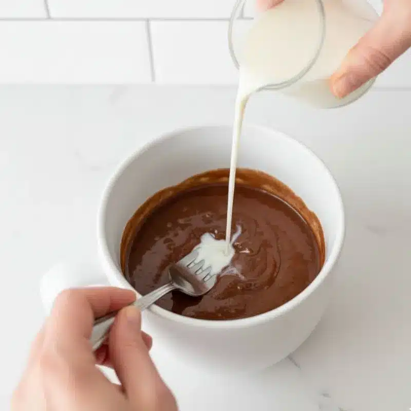 A hand pouring milk into a white mug containing chocolate batter, which is being mixed with a fork to make a chocolate lava mug cake.