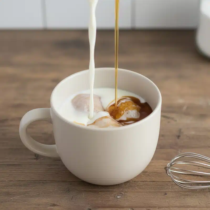 Pouring milk and other wet ingredients into the mug of dry ingredients to create the chocolate chip mug cake batter.