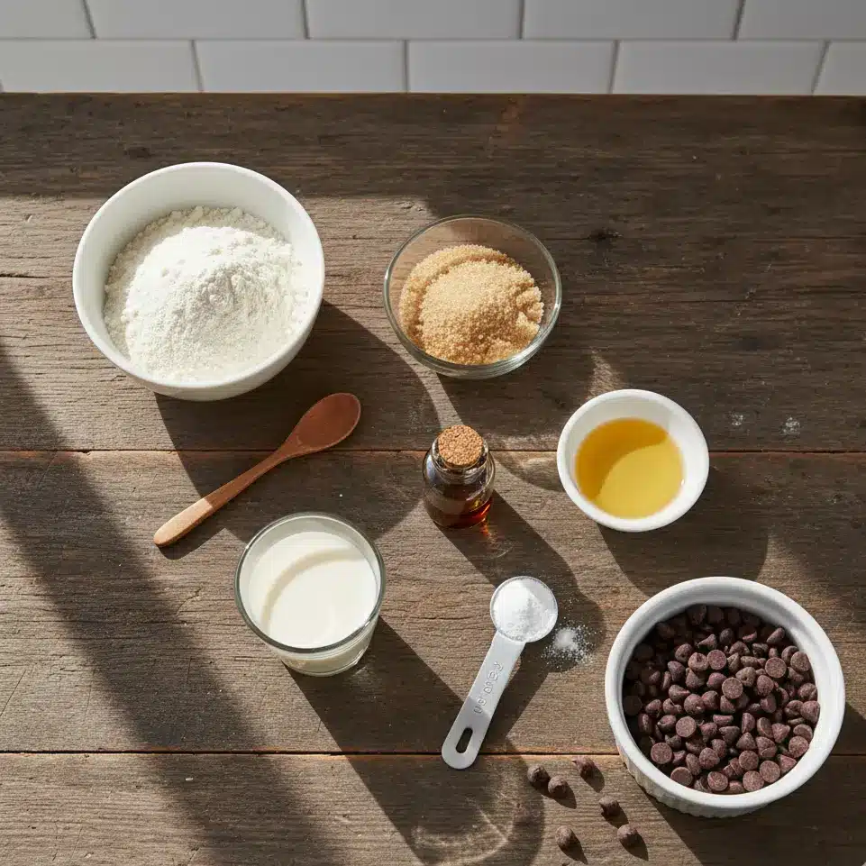 Overhead shot of all the ingredients needed to make a chocolate chip mug cake, including flour, sugar, milk, oil, and chocolate chips, arranged on a wooden table.