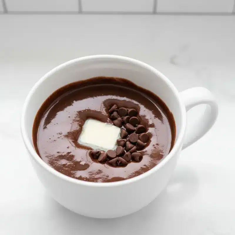 A mug of chocolate lava cake batter with a pat of butter and chocolate chips in the center, illustrating how to make the molten core.