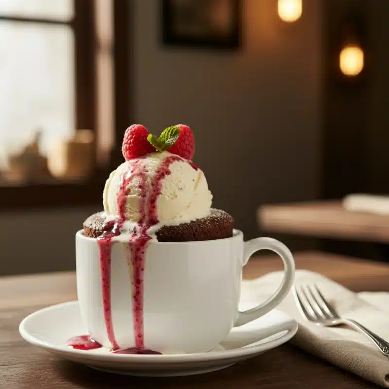 A chocolate lava mug cake topped with a scoop of melting vanilla ice cream, raspberry sauce and fresh raspberries in a cozy cafe setting.