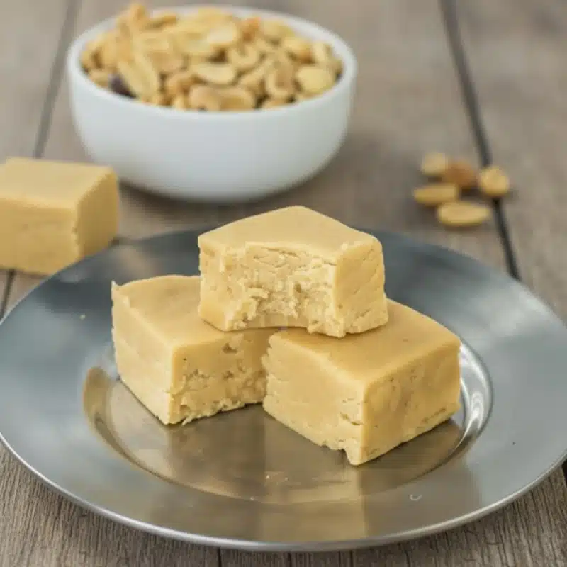 Three squares of creamy 3 ingredient peanut butter fudge on a silver plate, with one piece showing a bite taken out.
