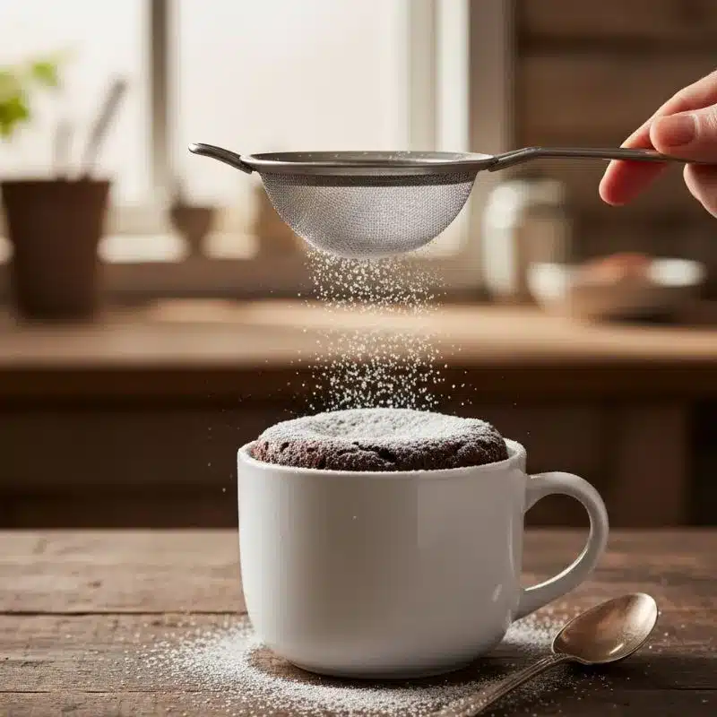 A hand dusting powdered sugar over a warm chocolate lava mug cake in a speckled mug on a wooden table.