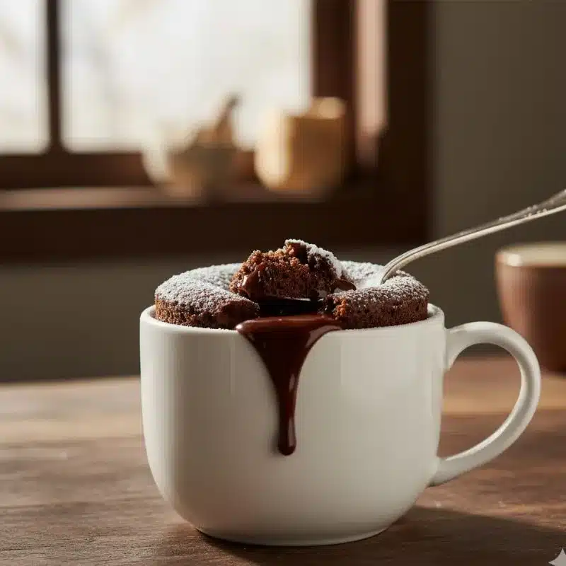 A homemade chocolate lava mug cake in a white mug on a wooden table, with rich chocolate lava overflowing down the side.