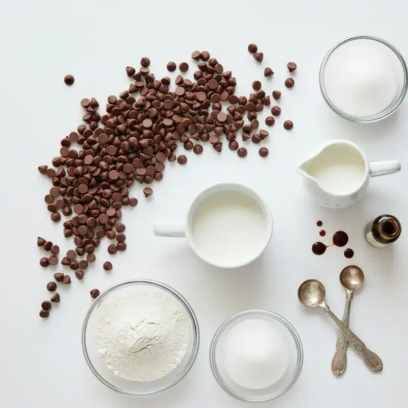 A flat lay of ingredients for a chocolate lava mug cake, including chocolate chips, sugar, cocoa powder, and milk, arranged on a dark slate background.