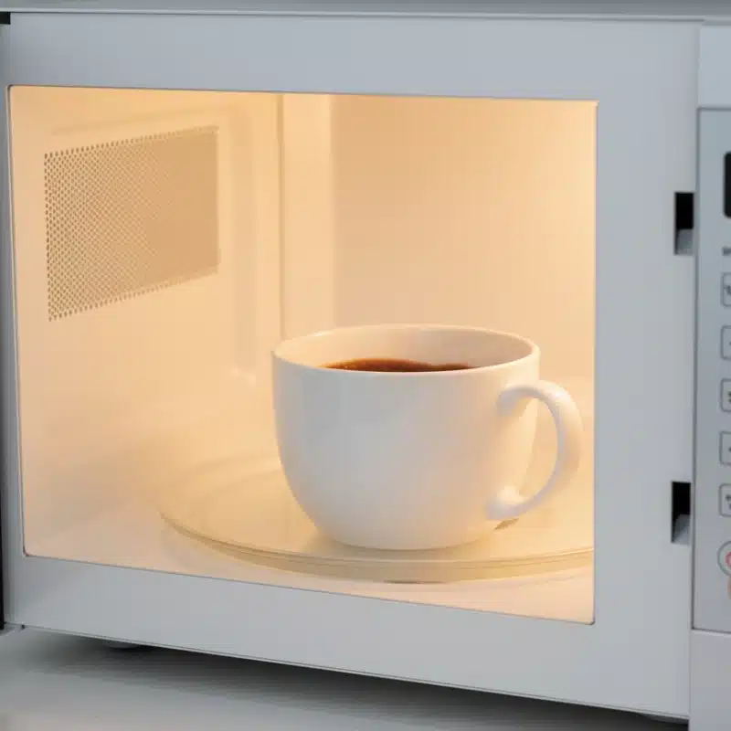 A hand setting the timer on a microwave, with a white mug inside ready to cook the chocolate lava mug cake.