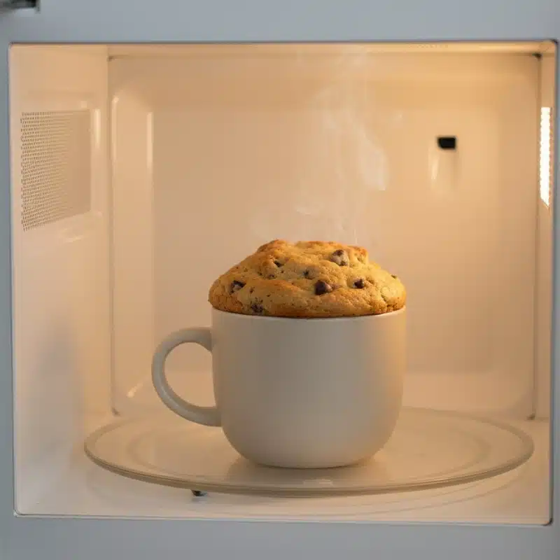 The cooked chocolate chip mug cake rising to the top of the mug inside the microwave, with steam coming off of it.