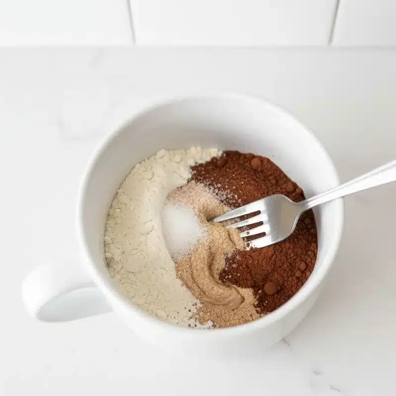 A white mug on a marble counter filled with dry ingredients like flour and cocoa powder for a chocolate lava mug cake, with a fork ready to mix.