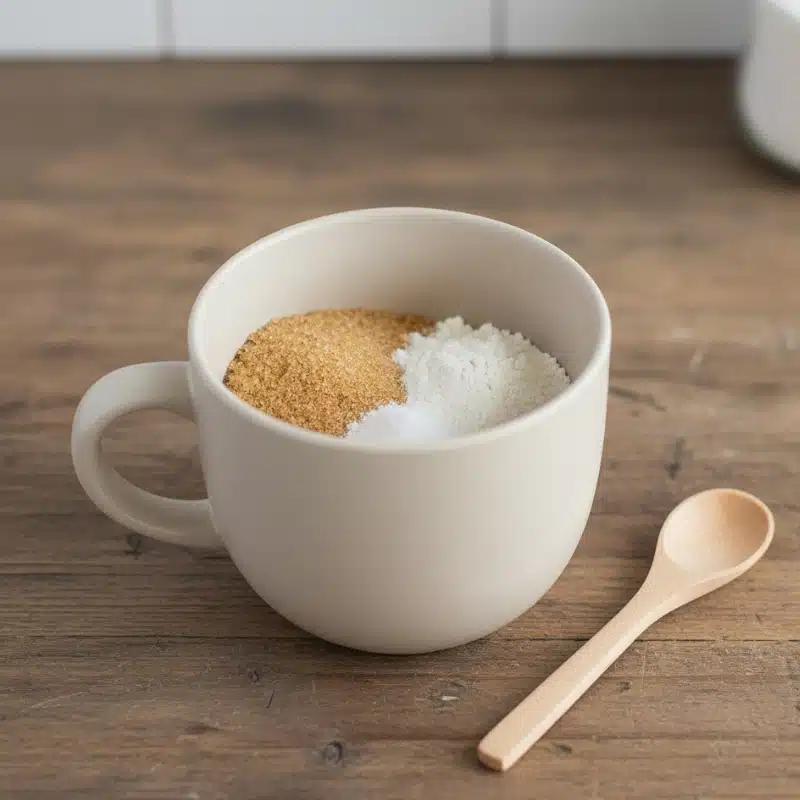 Dry ingredients for a chocolate chip mug cake, including flour and brown sugar, being mixed in a white ceramic mug.
