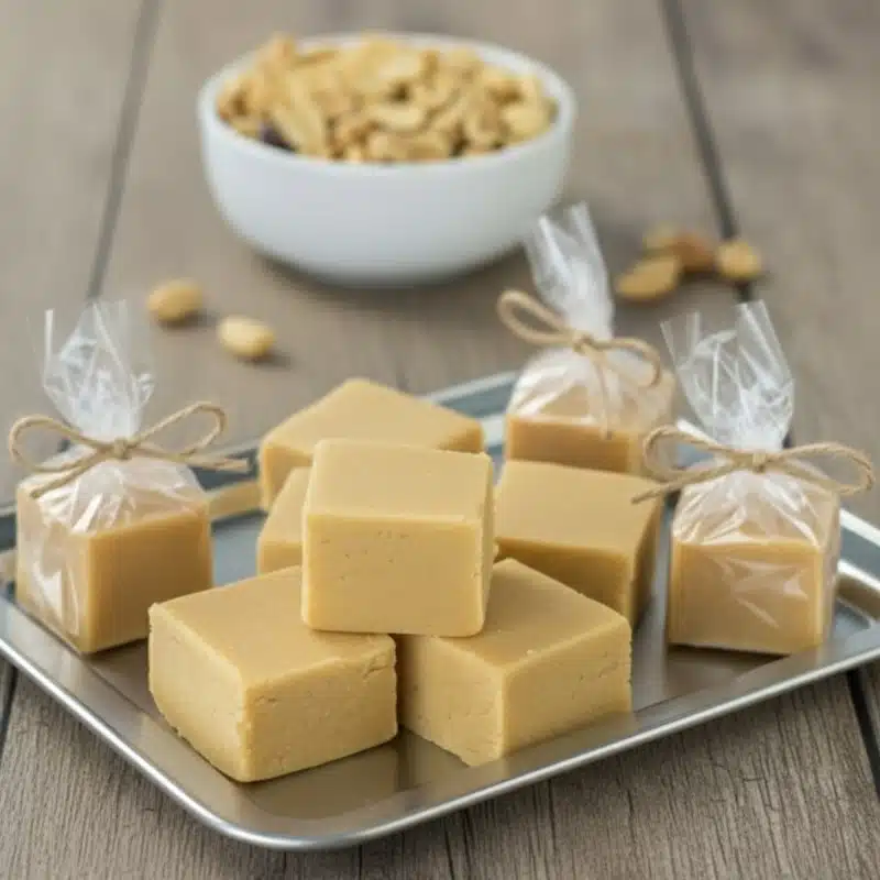 Squares of 3 ingredient peanut butter fudge on a tray, with several pieces wrapped in cellophane as homemade gifts.