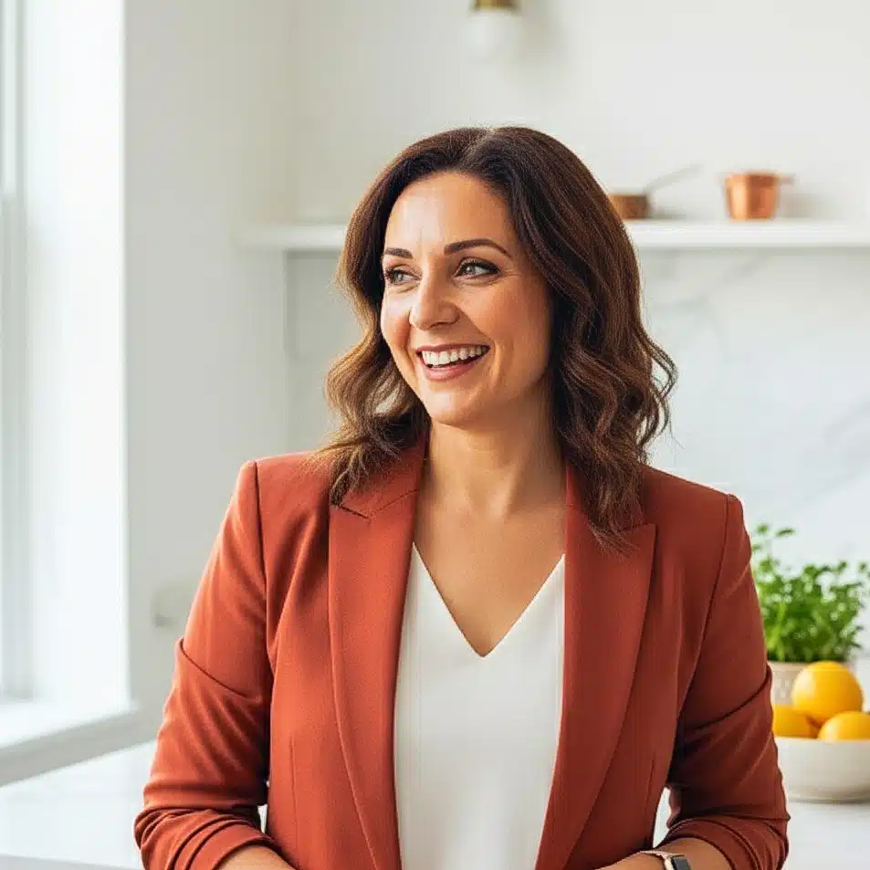 Roz, Founder of Roz Recipes, smiling confidently in a modern kitchen, leading quick and easy halal cooking.