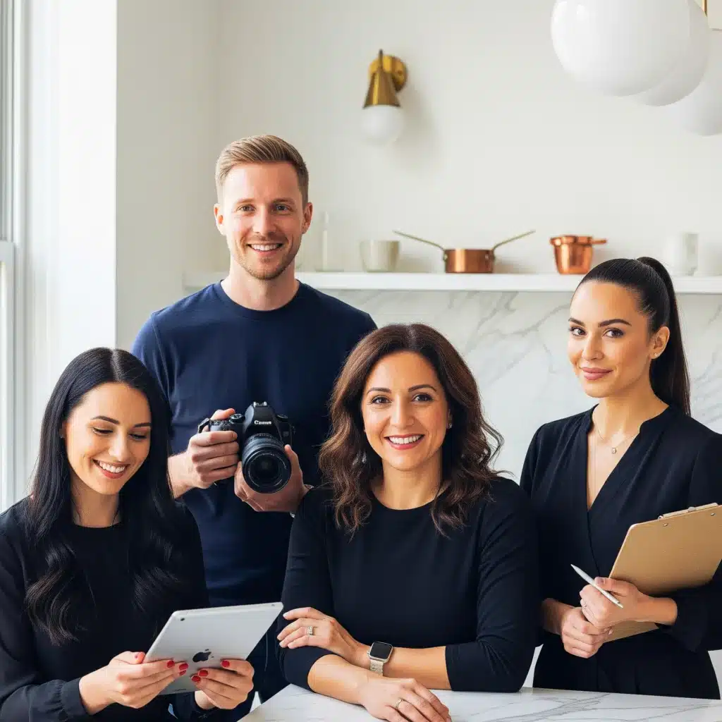 Roz Recipes team working in a modern kitchen: founder, photographer, nutrition advisor, recipe tester preparing quick halal meals