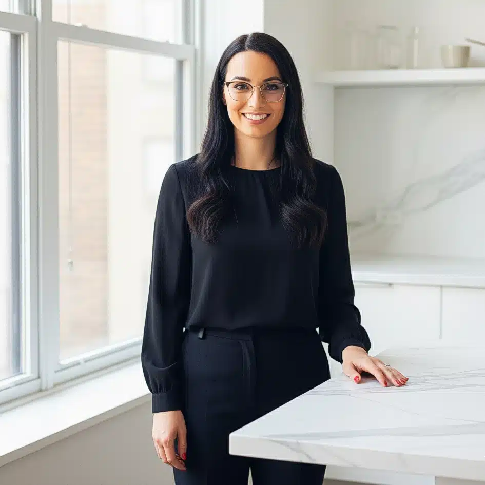Taylor Jenkins Reid, Roz Recipes' Head of Recipe Testing, holding a clipboard in a modern kitchen, ensuring quick halal recipes are foolproof.