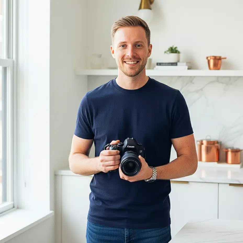 David Roberts, Roz Recipes' Food Photographer, holding a camera and smiling in a kitchen, visually capturing quick halal recipes.