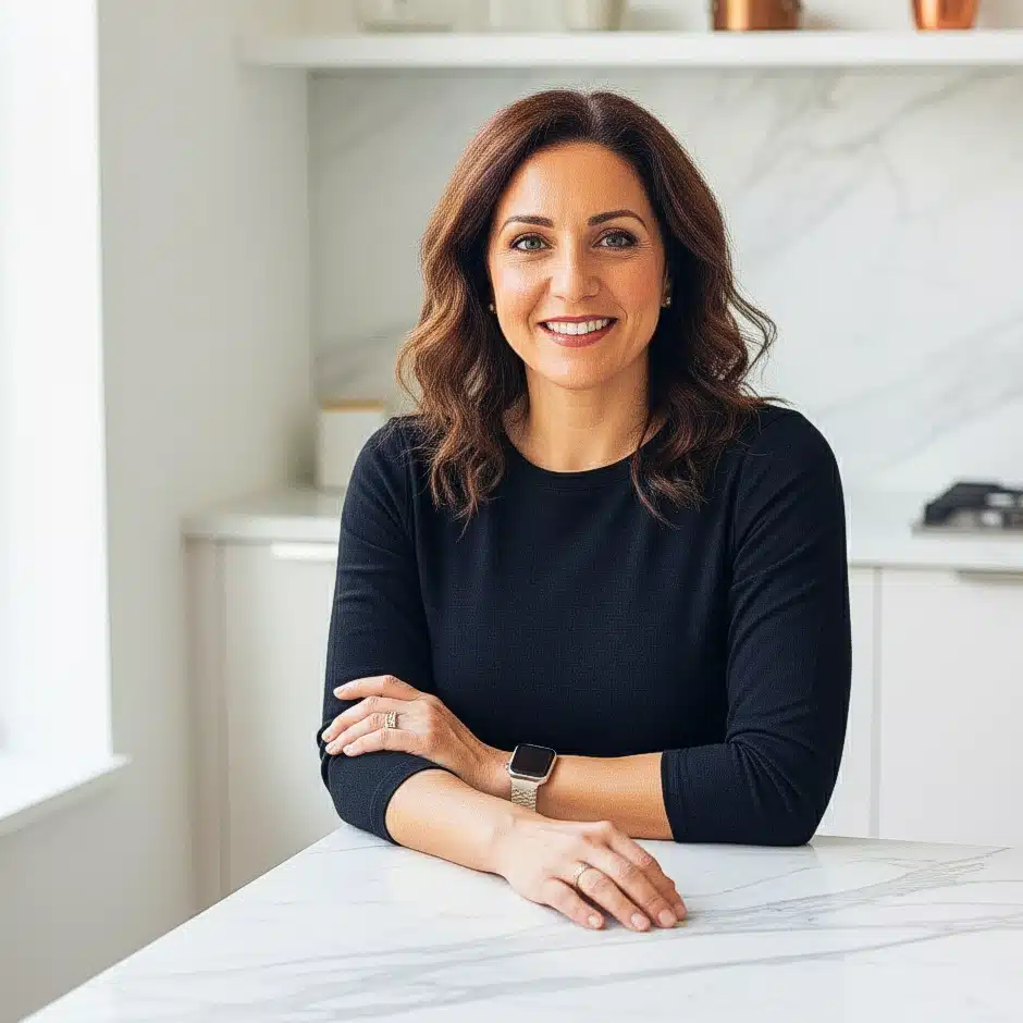 Roz, Founder of Roz Recipes, smiling confidently in a modern kitchen, leading quick and easy halal cooking.