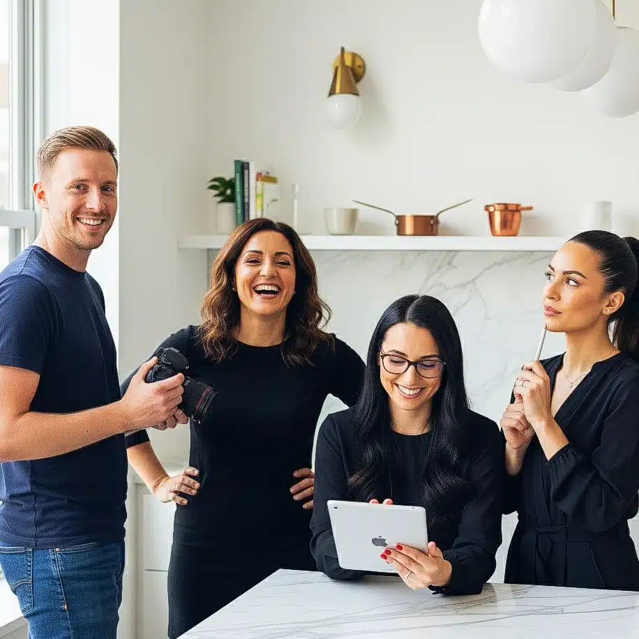 Roz Recipes team working in a modern kitchen: founder, photographer, nutrition advisor, recipe tester preparing quick halal meals
