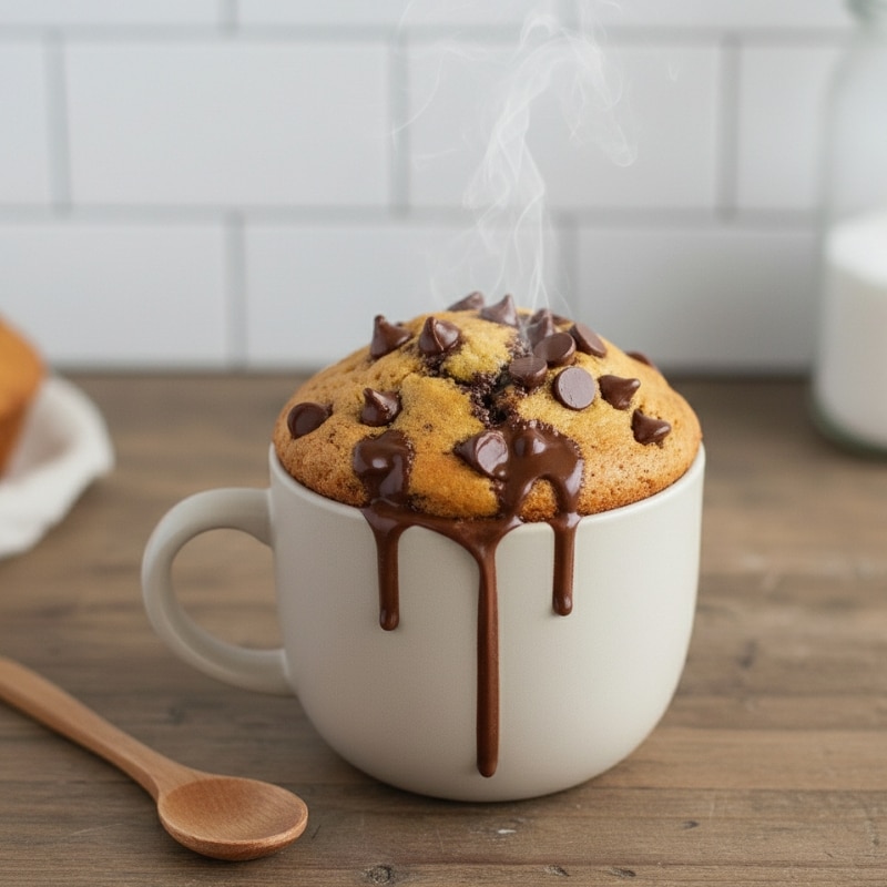 A perfectly cooked chocolate chip mug cake, steaming hot with gooey melted chocolate dripping down the side of the mug.