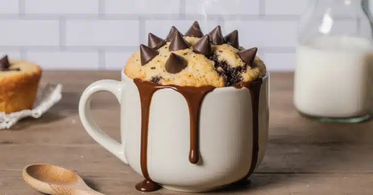 A steaming hot chocolate chip mug cake in a white mug, with melted chocolate dripping down the sides and topped with extra chocolate chips.