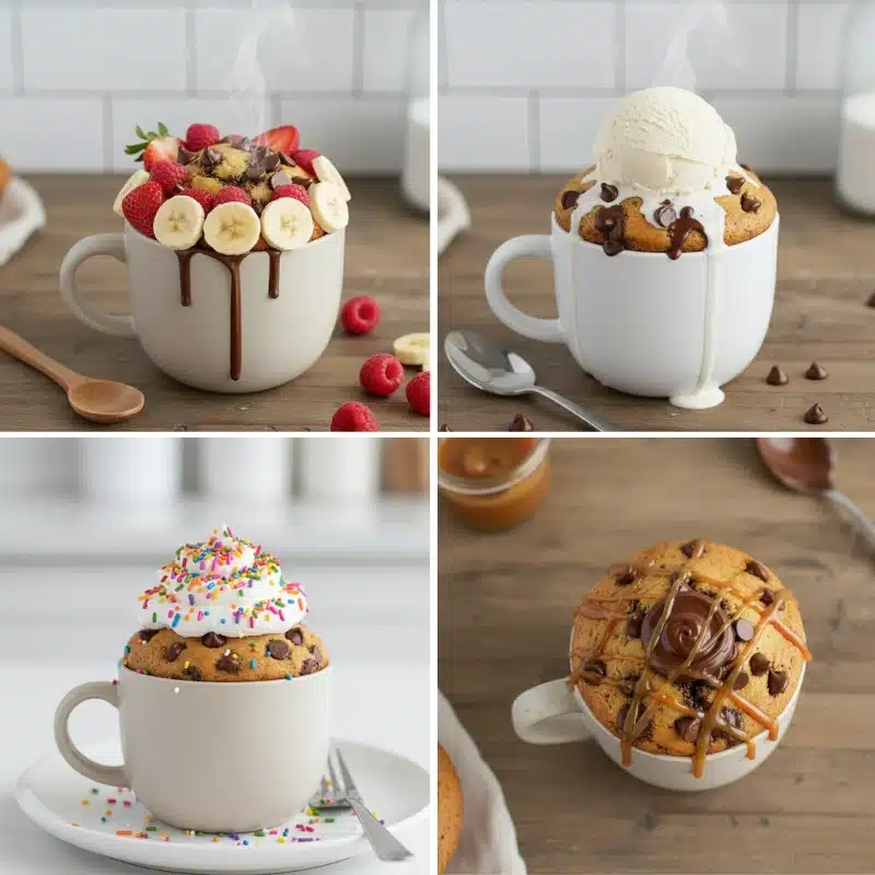 A chocolate chip mug cake serving idea, topped with fresh strawberries, raspberries, and banana slices with a chocolate drizzle.