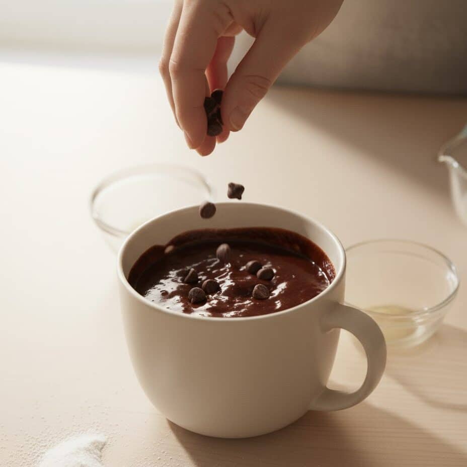 Sprinkling chocolate chips into mug cake batter for extra flavor.