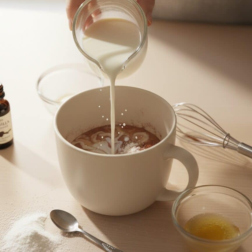 Pouring milk and oil into mug with dry ingredients for microwave mug cake batter.