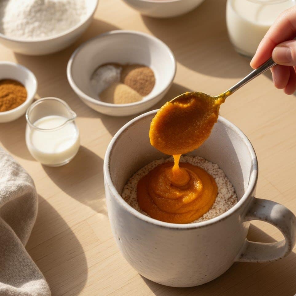 Adding pumpkin puree, milk, and oil to dry ingredients in a mug.