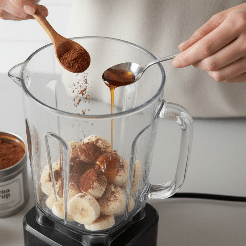 Pouring cocoa powder and maple syrup into blender with frozen bananas to make chocolate banana ice cream.