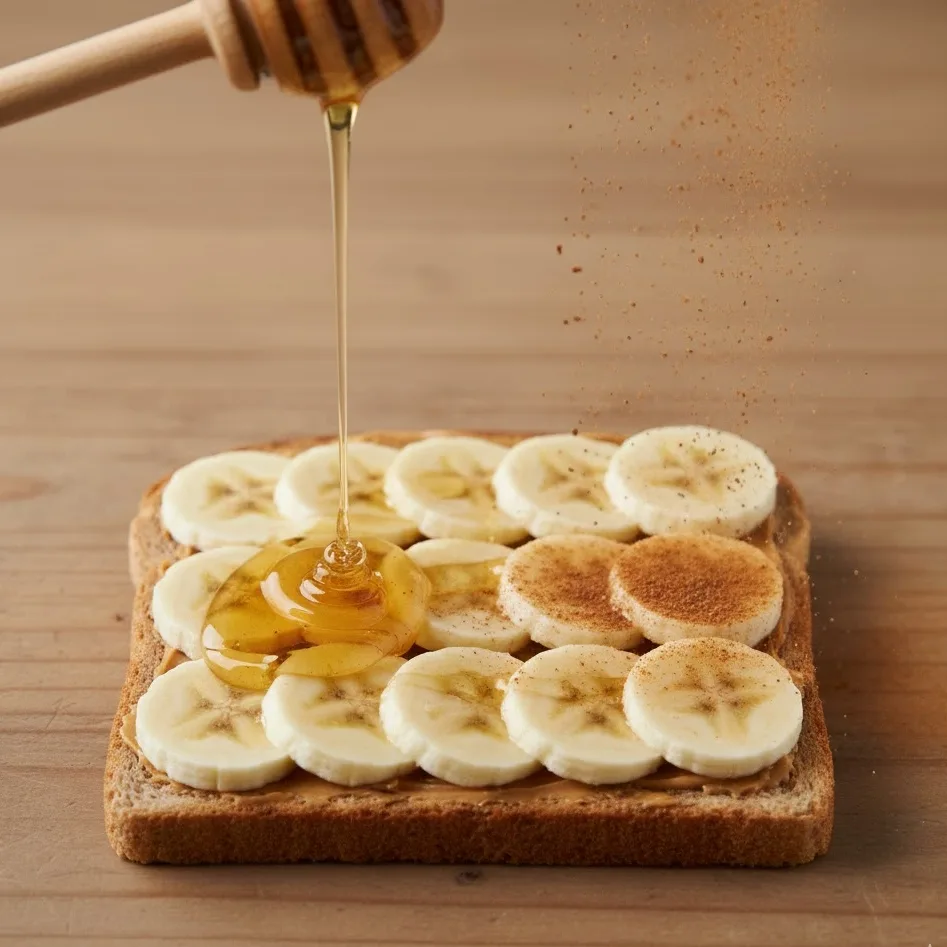 Honey drizzle and cinnamon sprinkle over banana toast