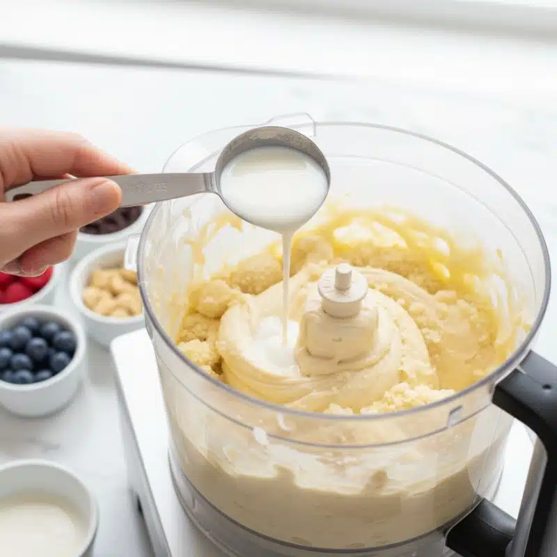  Hand pouring one tablespoon of milk into a food processor with clumpy frozen bananas to create smooth banana nice cream.