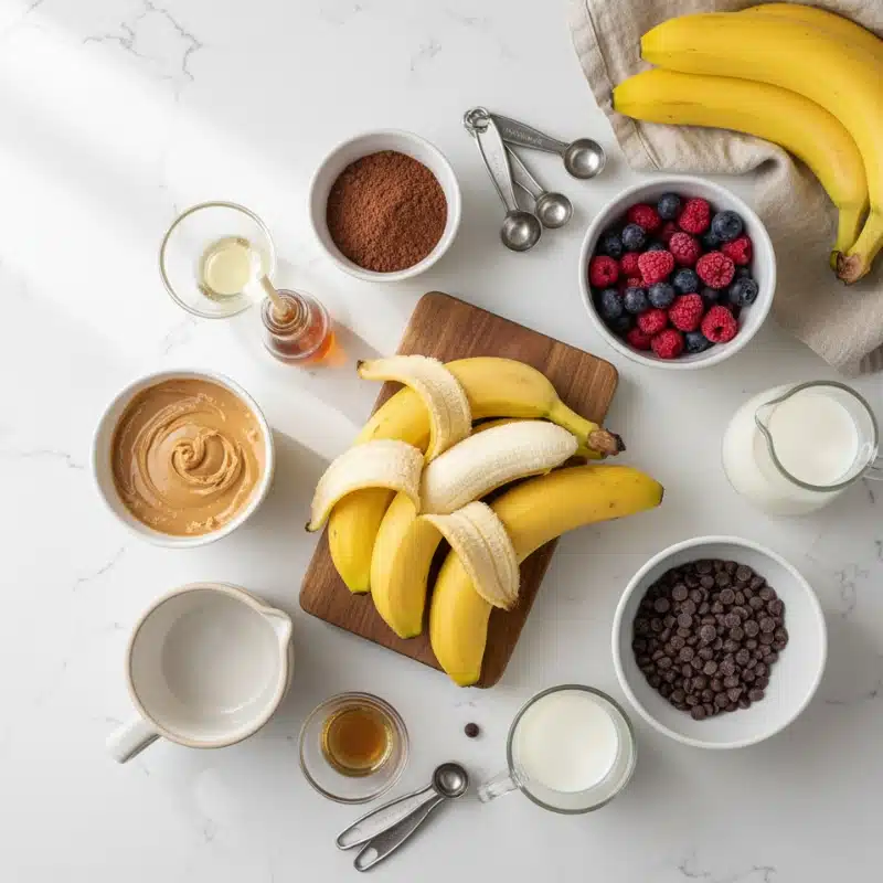 Overhead shot of banana nice cream ingredients: bananas, peanut butter, cocoa, milk, and berries on a marble counter.