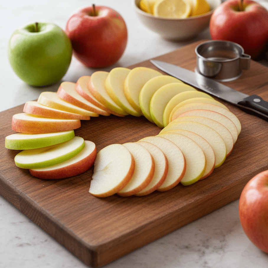 Slicing apples on a cutting board for Apple Nachos Recipe base preparation.