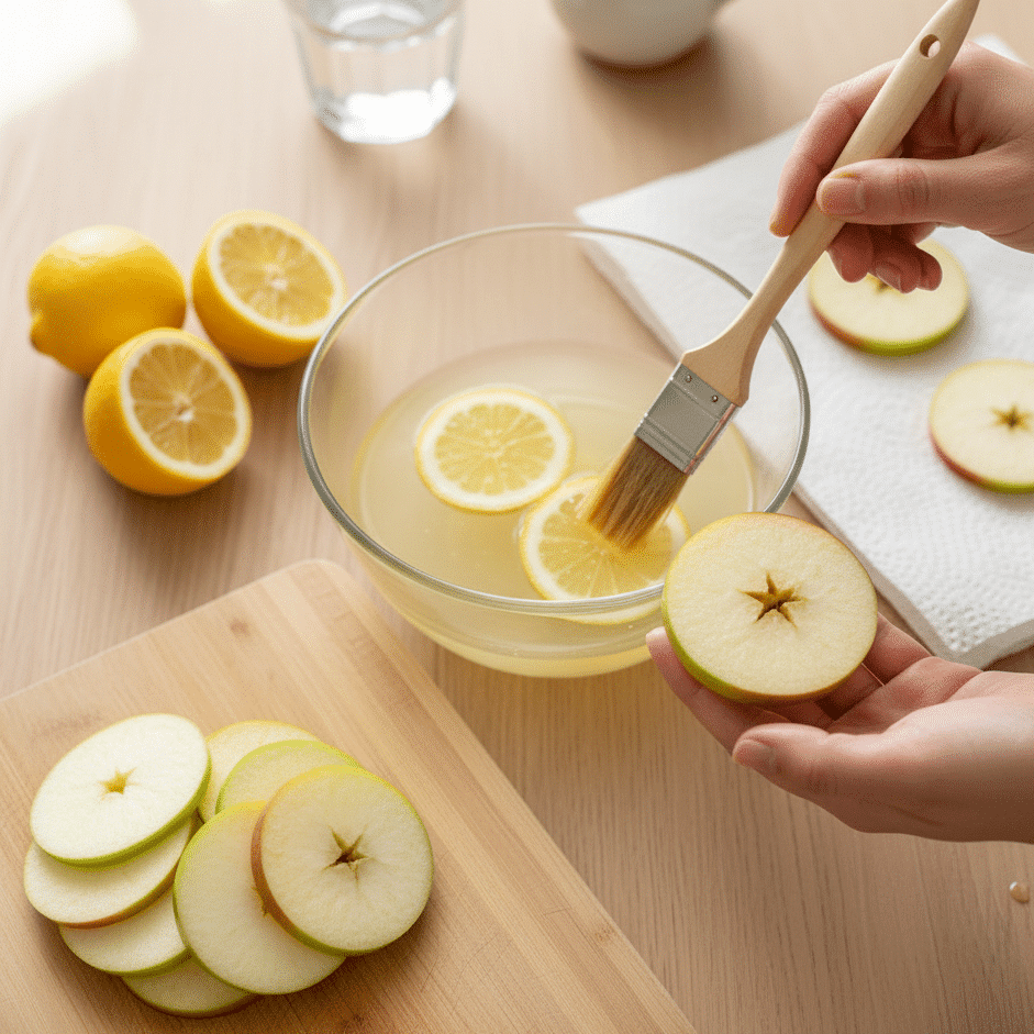 Apple slices dipped in lemon-water to prevent browning for Apple Nachos Recipe.
