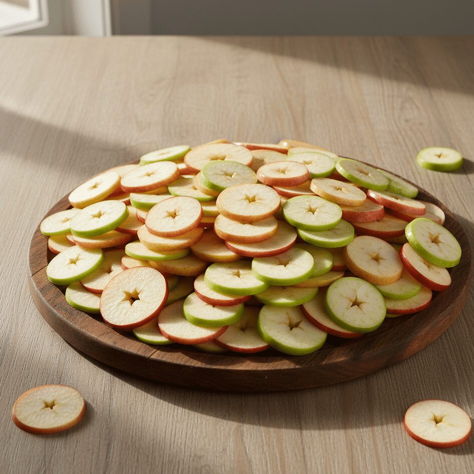 Overhead view of apple slices arranged as nacho base for Apple Nachos Recipe.