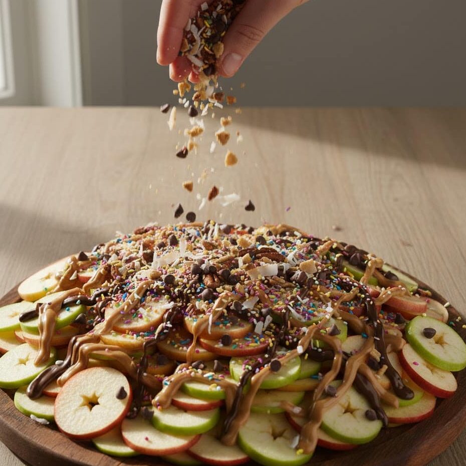 Adding toppings like chocolate chips and nuts on Apple Nachos Recipe platter.