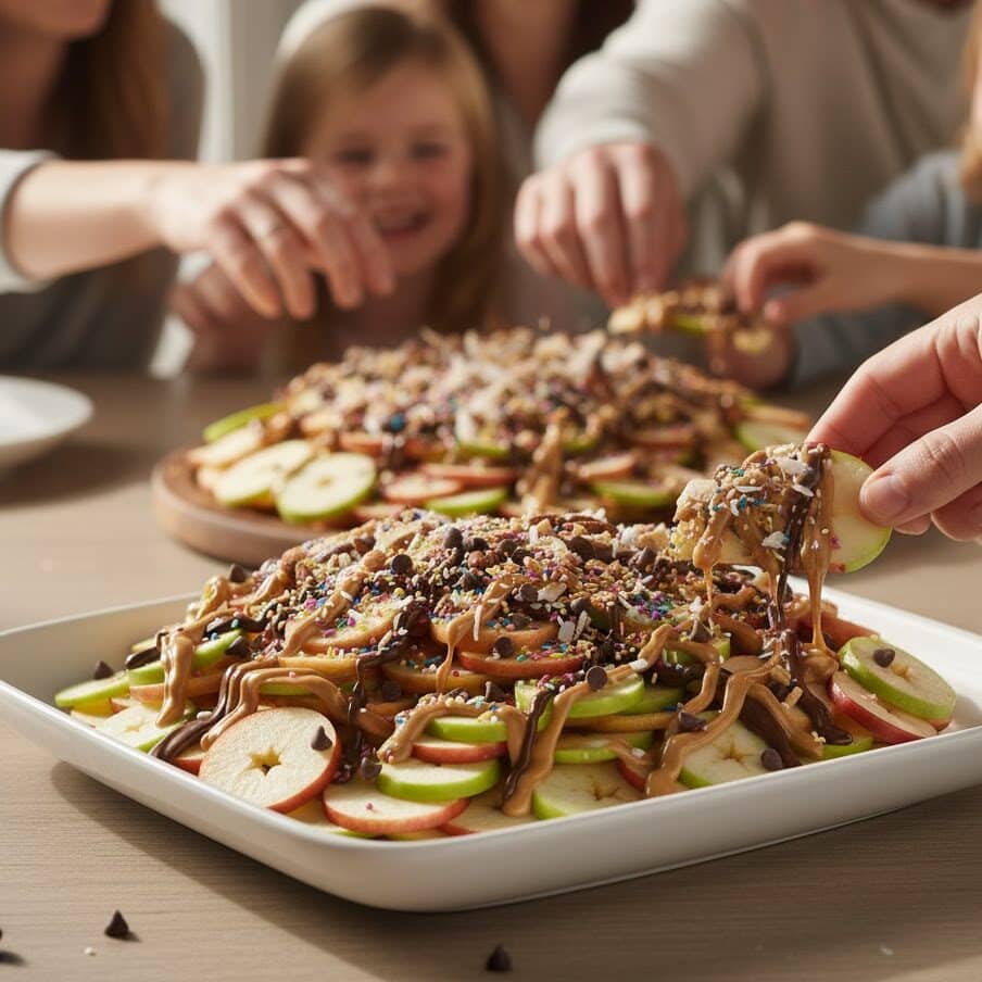Freshly served Apple Nachos Recipe drizzled with caramel and chocolate.