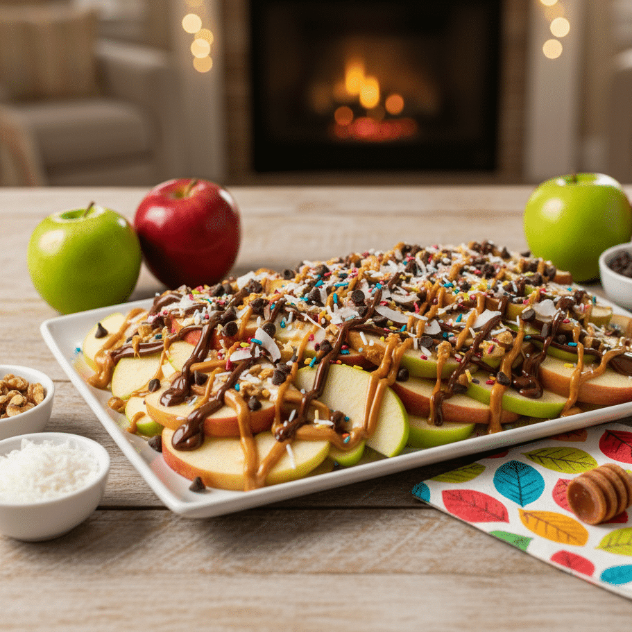 Platter of finished Apple Nachos Recipe with caramel, chocolate, and toppings.