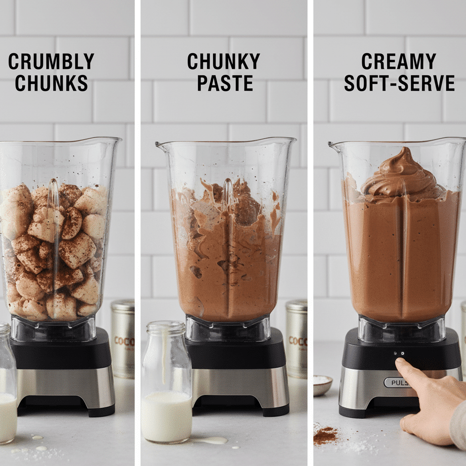 Close-up of blender mixing bananas and cocoa into smooth, creamy chocolate banana ice cream.