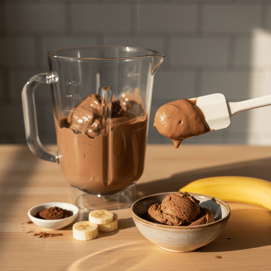 Close-up of blender mixing bananas and cocoa into smooth, creamy chocolate banana ice cream.