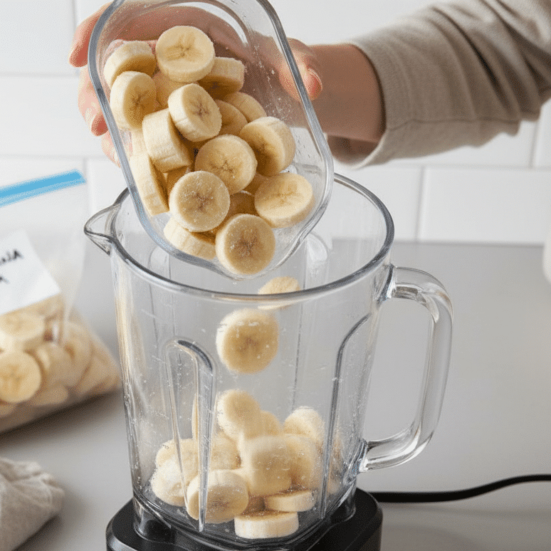 Frozen banana slices being poured into a blender for homemade chocolate banana ice cream.