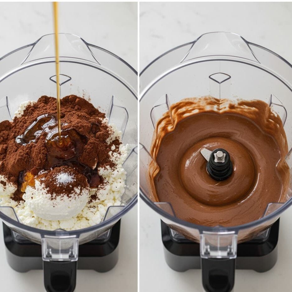 Blending cottage cheese chocolate mousse until smooth and creamy