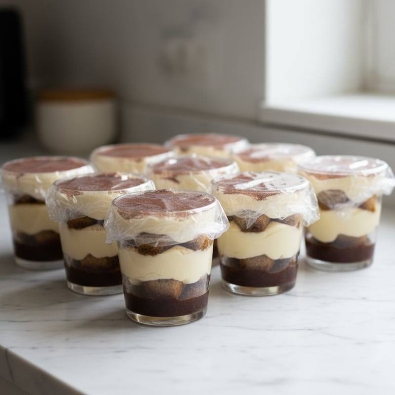 Several individual tiramisu cups, layered with cream and ladyfingers, covered with plastic wrap, sitting on a white marble countertop.