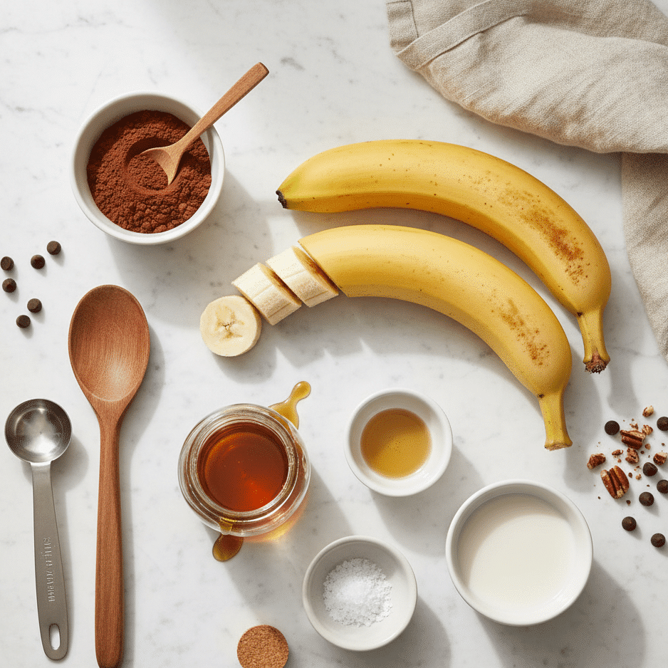 Overhead photo of chocolate banana ice cream ingredients — ripe bananas, cocoa powder, and maple syrup arranged on a white marble surface.