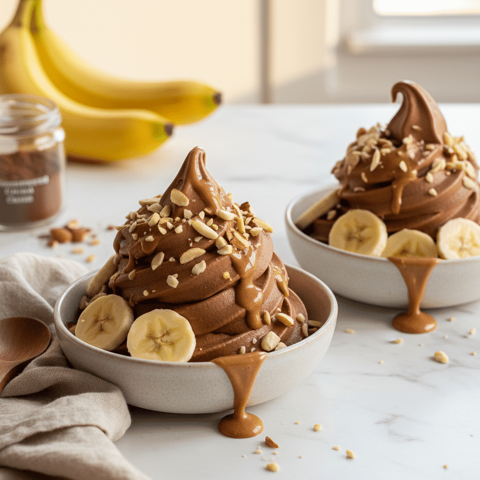 Two bowls of chocolate banana ice cream topped with banana slices, nuts, and maple syrup on a marble surface.