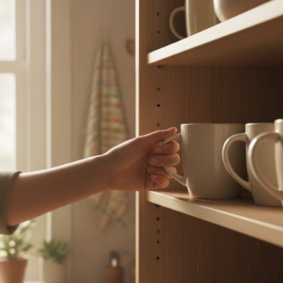 Hand selecting a large microwave-safe mug from a kitchen cabinet.