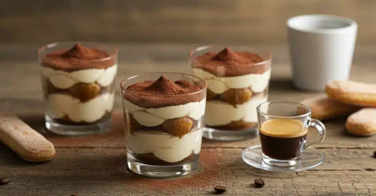 Three classic individual Tiramisu Cups in clear glass cups on a wooden table, with an espresso cup and ladyfingers.