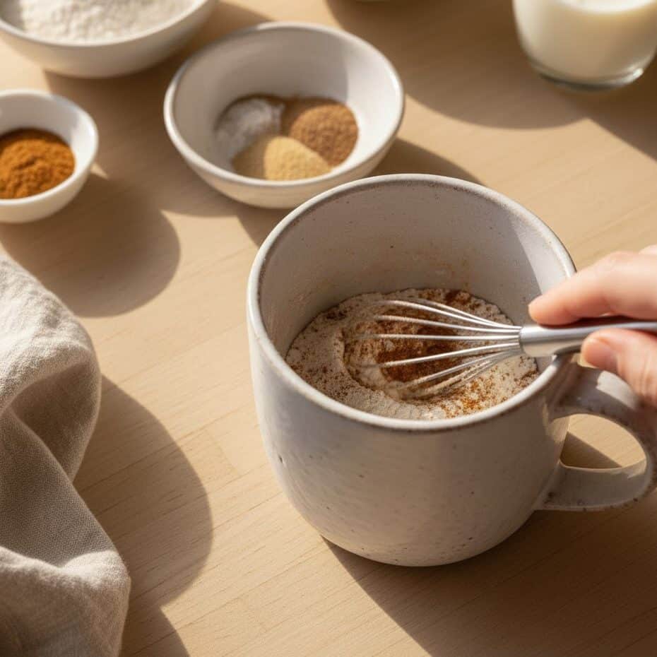 Mixing flour, sugar, baking powder, and pumpkin spice in a mug.