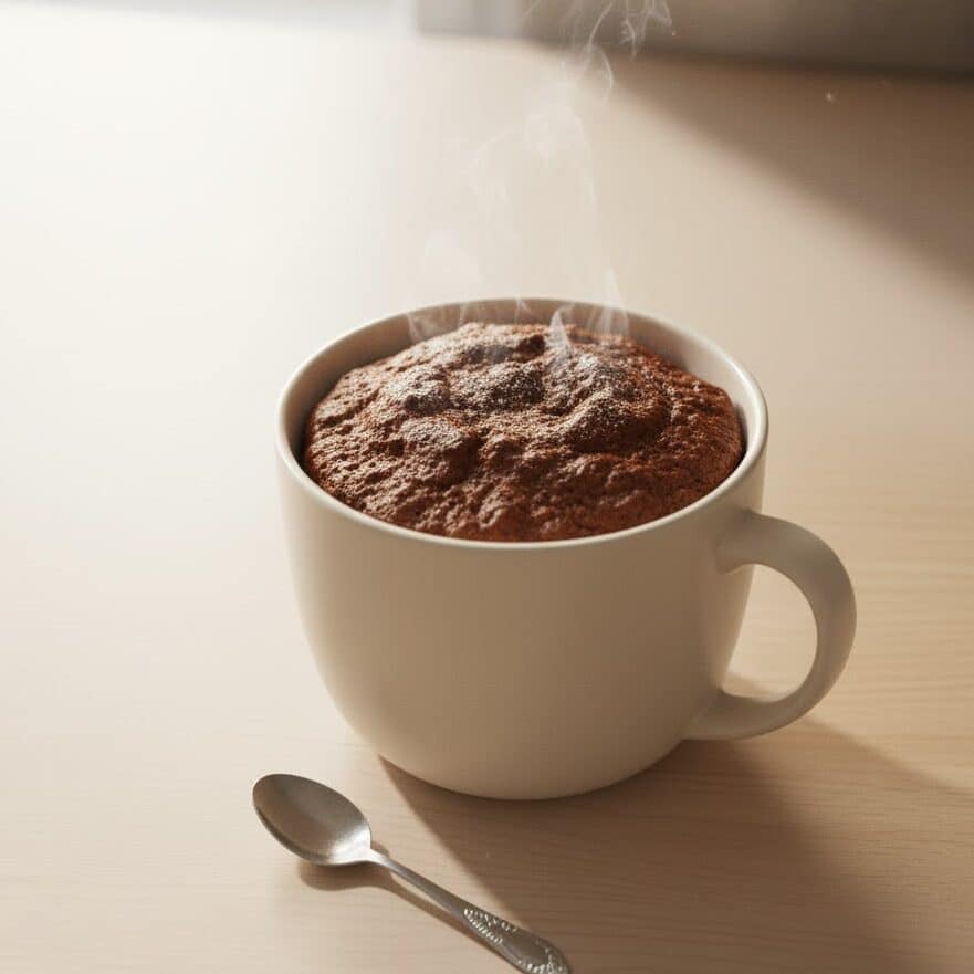 Freshly microwaved mug cake cooling on counter with spoon beside it.